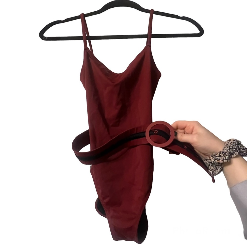Solid & Striped Burgundy Maroon Retro Belted One Piece Swimsuit